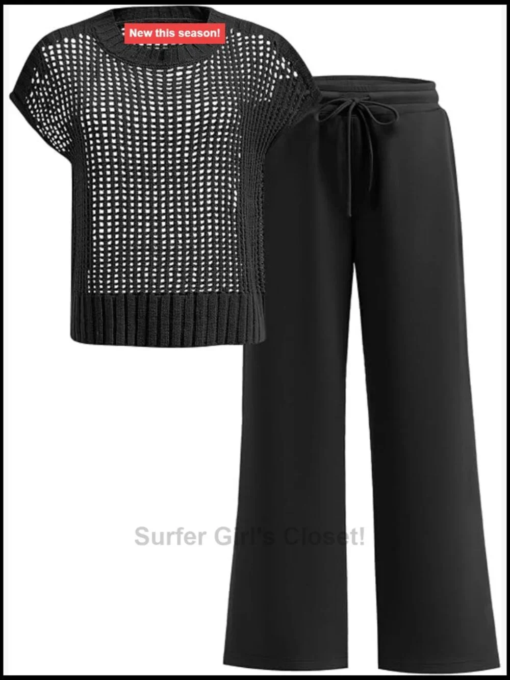 Crochet Sheer Knit Two Piece Lounge Set Wide Leg Pants Tracksuit